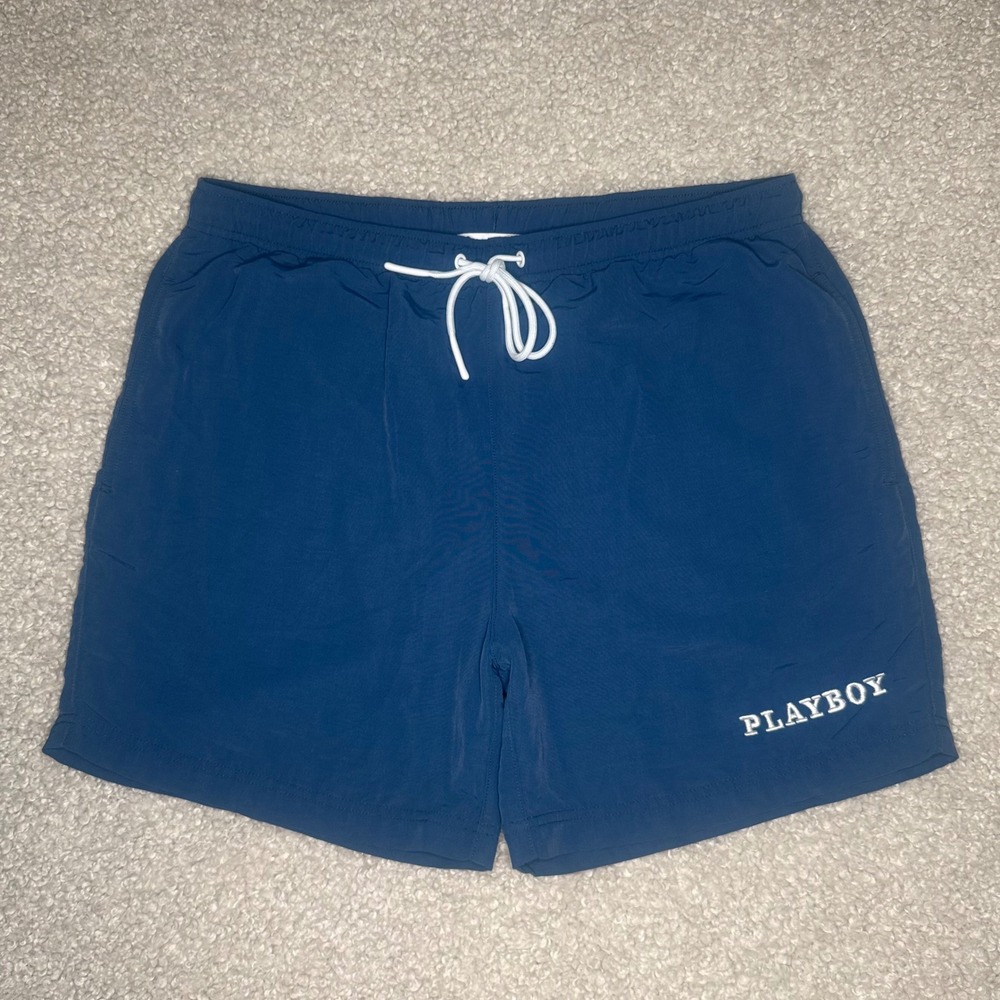 Playboy x PacSun‎ Men's L Blue Swim Trunks Mesh Lined Shorts Embroidered Logo
